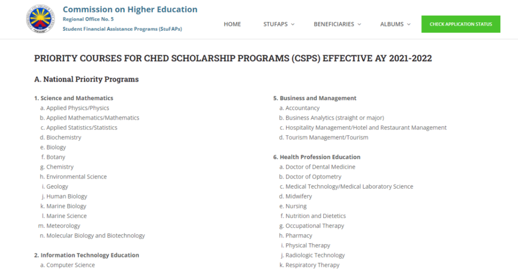 Priority Courses for CHED Scholarship